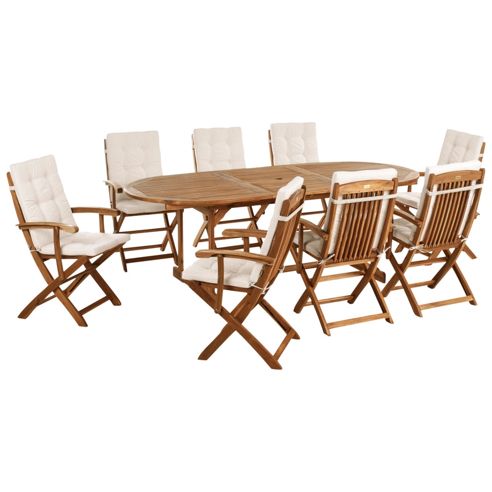 Set da pranzo da giardino con tavolo ovale sedie pieghevoli con cuscini beige chiaro a 8 posti Maui design rustico