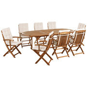 Set da pranzo da giardino con tavolo ovale sedie pieghevoli con cuscini beige chiaro a 8 posti Maui design rustico