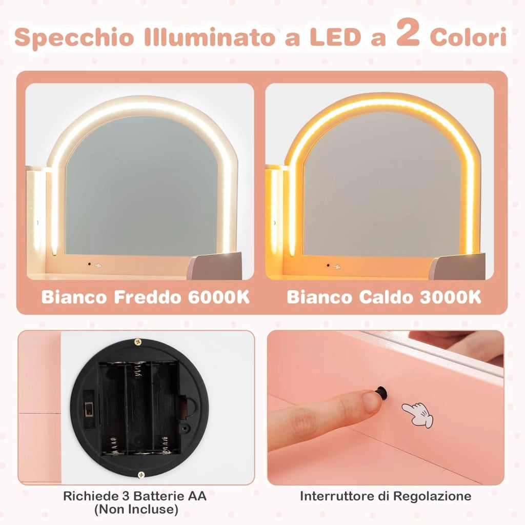 Toeletta Trucco 2 in 1 per Bambina, Specchiera per Ragazza in Legno con Mensole, Cassetto, Ripiani e Luci LED Regolabile, Postazione Trucco per 3 Anni, 80 x 40 x 94 cm (Rosa Chiaro)