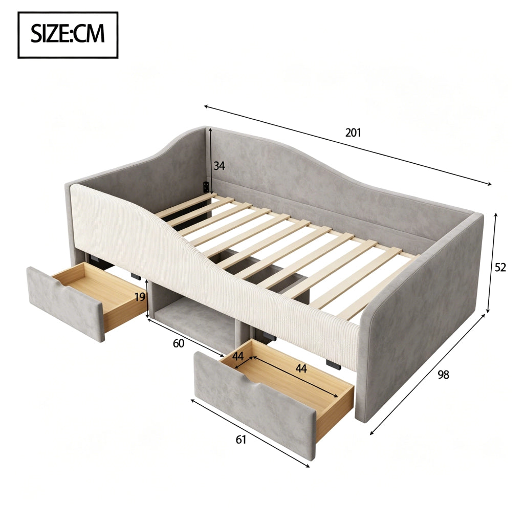 Letto per bambini 90 × 190 cm con barriere di sicurezza, 2 cassetti, vano aperto e porta scarpe, senza materasso, grigio