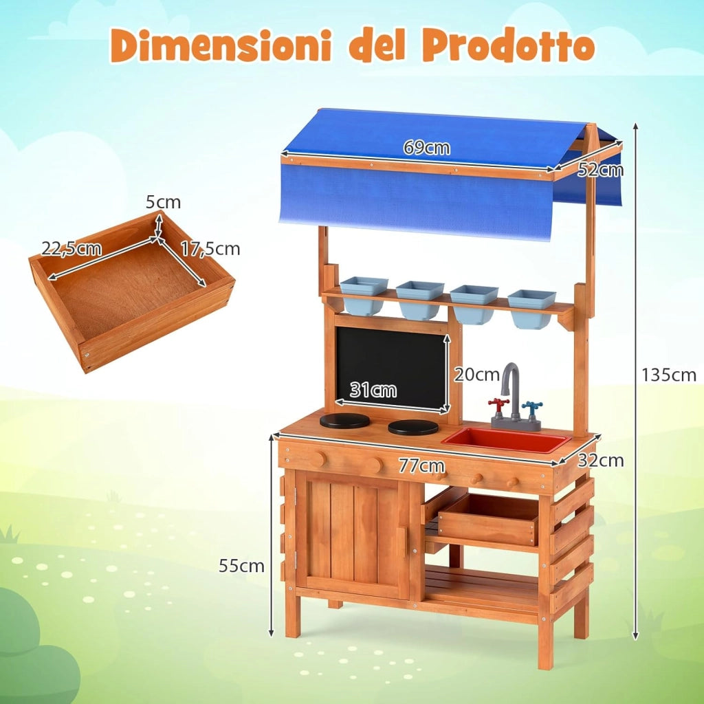 Cucina Giocattolo per Giardino con Attrezzi da Giardinaggio 2 in 1, Cucina per Bambini in Legno di Pino con Tettoia Regolabile, 4 Vasi e Lavagna, Set Cucina con 9 Accessori, 77 x 52 x 135 cm