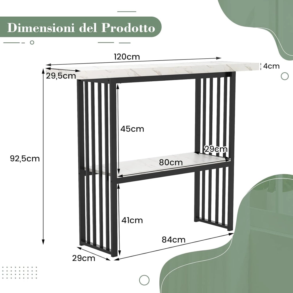 Tavolo da Ingresso Stretto e Compatto, Tavolo da Divano in Finto Marmo con Struttura in Acciaio, Consolle Moderno per Salotto e Corridoio, 120 x 29,5 x 92,5 cm (Nero e Bianco)