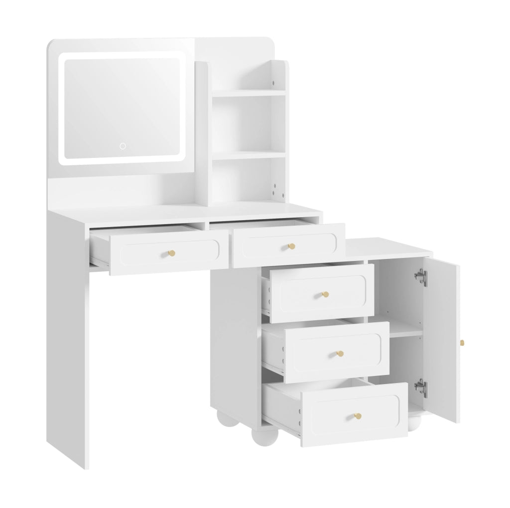 Toeletta con specchio HD e illuminazione LED regolabile 80x39;8x127 cm; MDF e bambù; bianca