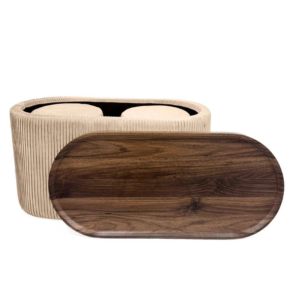 Set 3 Pouf Contenitore con Tavolino da Salotto Ovale in Velluto e Coperchio in Legno, 2 Pouf Interni Salvaspazio, Tavolino Contenitore Moderno, Seduta Imbottita Crema