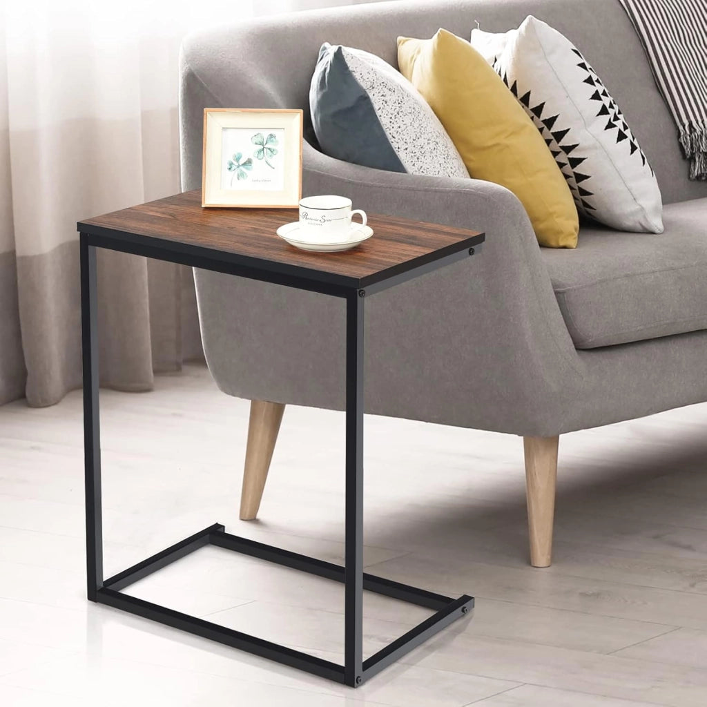 Tavolino a Forma di C, Tavolino Salvaspazio, Struttura in Legno e Ferro, Industriale, Ideale per Soggiorno, Camera da Letto, Ufficio, 55x35x65 cm, 2 Colori Disponibili