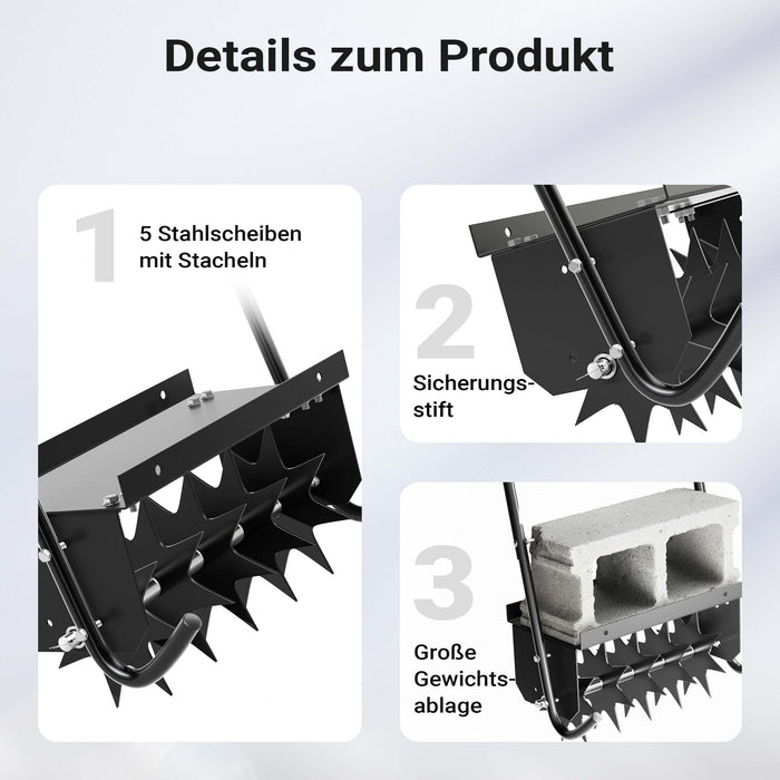 Arieggiatore prato a dischi, 44 x 20,3 x 100 cm cm manuale, con ripiano porta pesi, Aeratore prato giardino