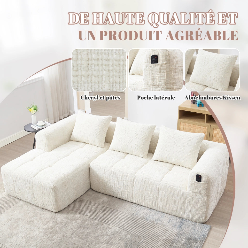 Divano Modulare 3 Posti con Chaise Longue, Tasche laterali e 3 Cuscini, in Ciniglia Beige