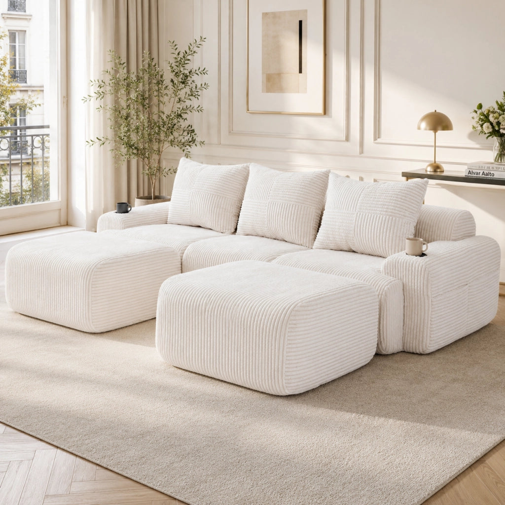 Divano modulare 3 posti con portabicchieri e tasca laterale in tessuto corduroy beige 268 × 174 × 66 cm