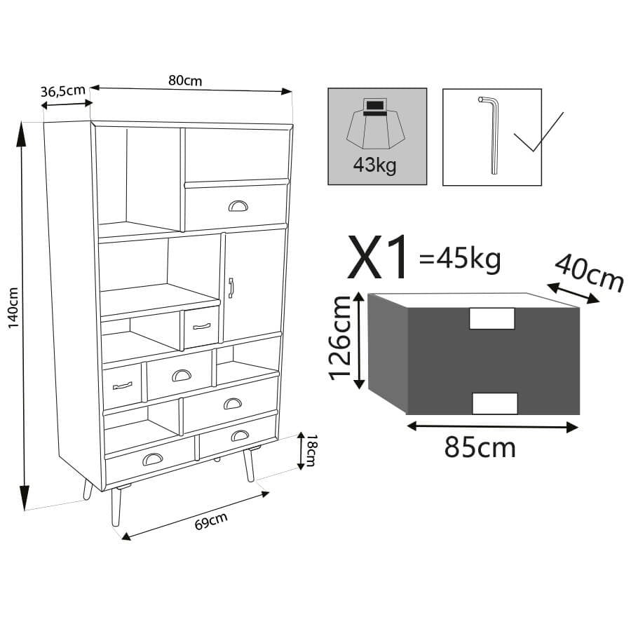 Mobiletto 6 ripiani 1 anta 7 cassetti in Legno cm 80x36 5x121 - MANNY