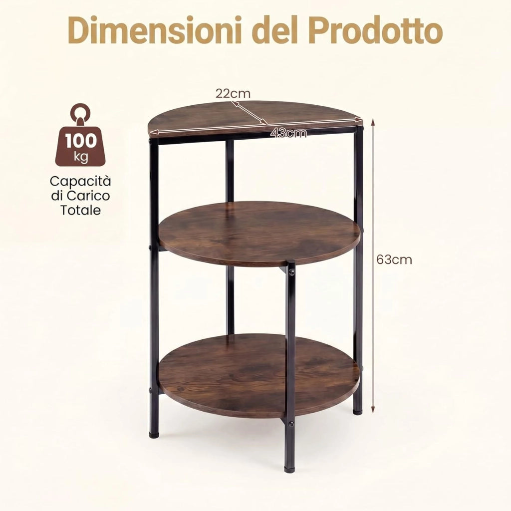 Tavolino Salotto Rotondo, Tavolinetto Laterale da Divano, da Caffè, Comodino Basso a 3 Ripiani in Legno e Metallo, Industiale e Salvaspazio, per Soggiorno, Camera da Letto, 43 X 43 X 63 CM