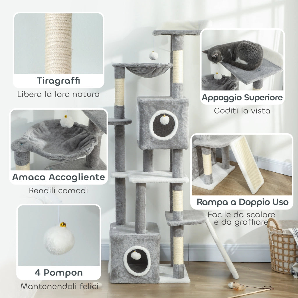 Albero Tiragraffi per Gatti 48x40x165 cm con 2 Casette Rampa Trespoli in Peluche e Sisal Grigio e Bianco