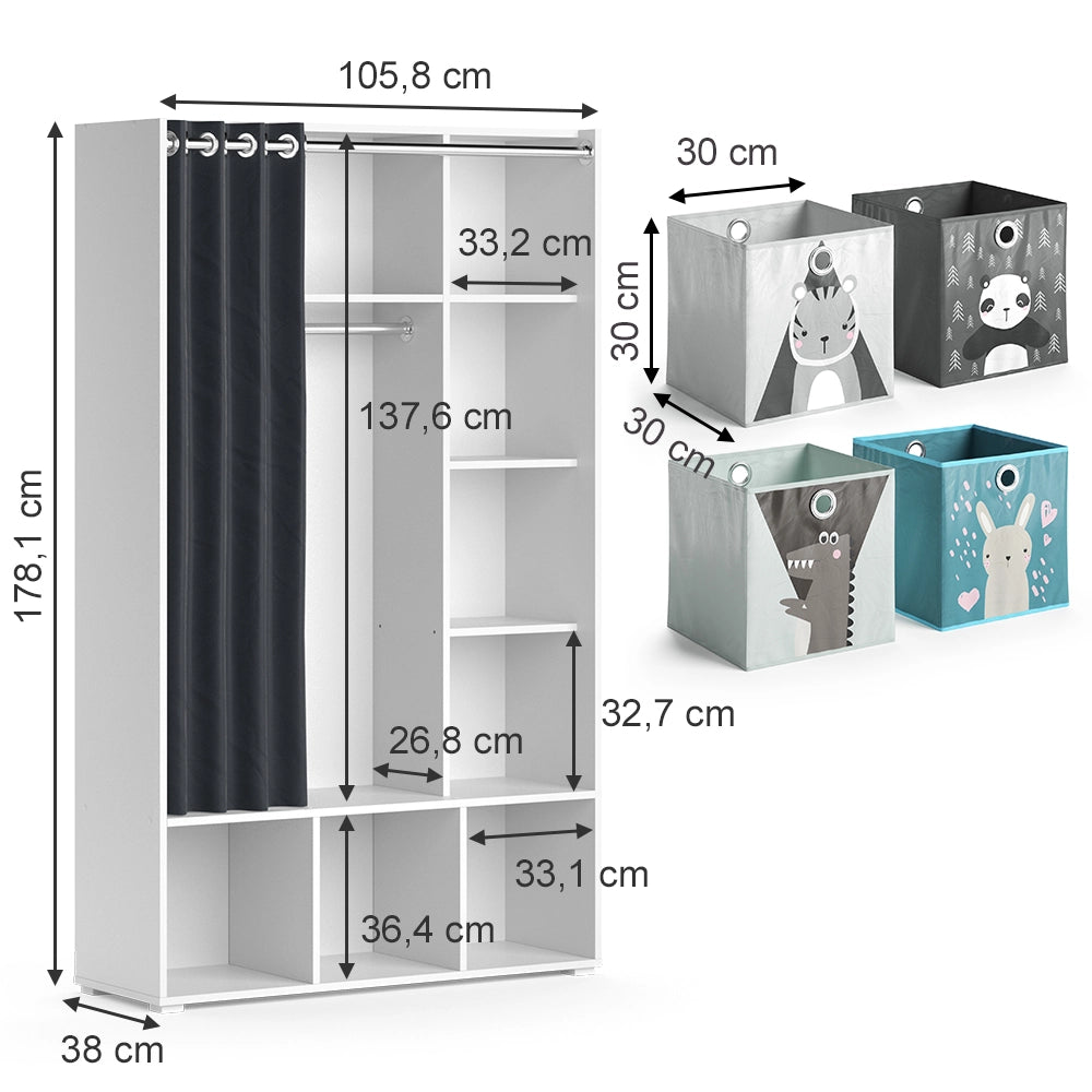 Vicco Guardaroba per bambini Bianco 38 x 178.1 cm Con cassetti pieghevoli (grigio)