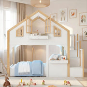 Letto a soppalco per bambini - Xylo - 90x200 cm - Bianco e colore naturale - LED e scala con vano