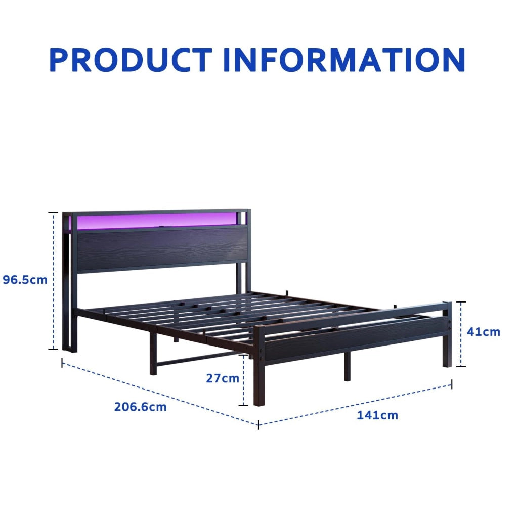 Letto 140x190 cm in metallo con testiera contenitore e USB