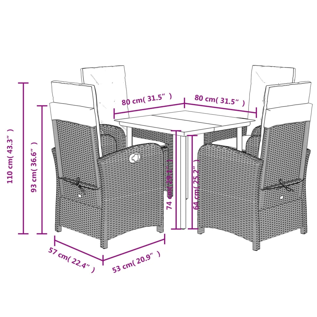 Set da Pranzo da Giardino 5 pz Nero con Cuscini in Polyrattan 3212301