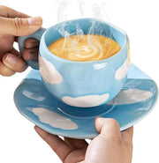 Ceramiche Mok con Piatto 250ml - Disegno a Mano con Nuvole - Carine Tazze da Caffè - Regalo Creativo per Ragazze, Amica, Madre - Adatto per Tè e Caffè