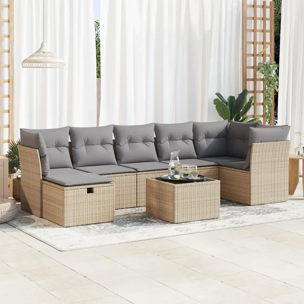 Set Divano da Giardino 8 pz con Cuscini Beige in Polyrattan 3325315