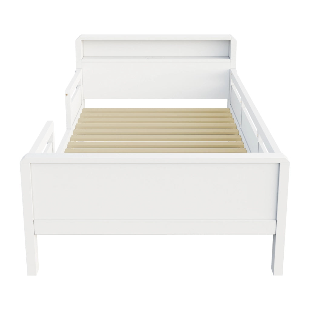 Letto per bambini 90 × 200 cm con luce LED, presa USB e Type-C, testiera con ripiano, senza materasso, bianco