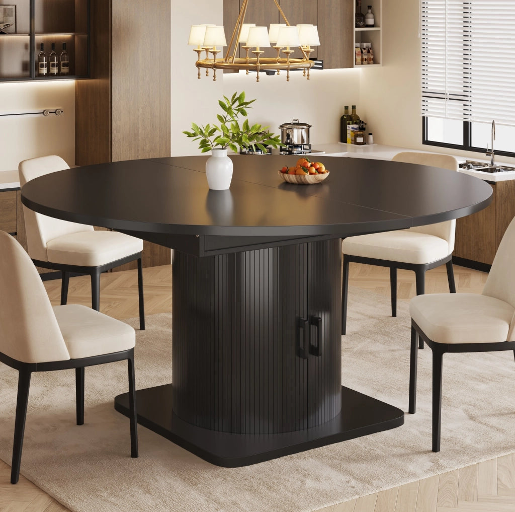 Tavolo da pranzo allungabile con contenitore, piano MDF nero, ripiani estraibili e portabicchieri