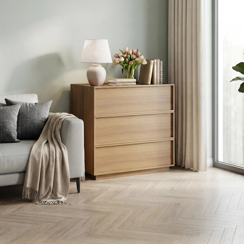 Cassettiera moderna con 3 cassetti, colore rovere, in MDF e truciolare, 80x48x78 cm