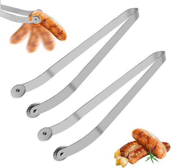 Set di 2 pinze per griglia in acciaio inossidabile, forchetta da cucina, spiedino di salsiccia con ruote, spiedino di salsiccia, pinza per griglia BBQ, rotante, per cucinare, cuocere e servire