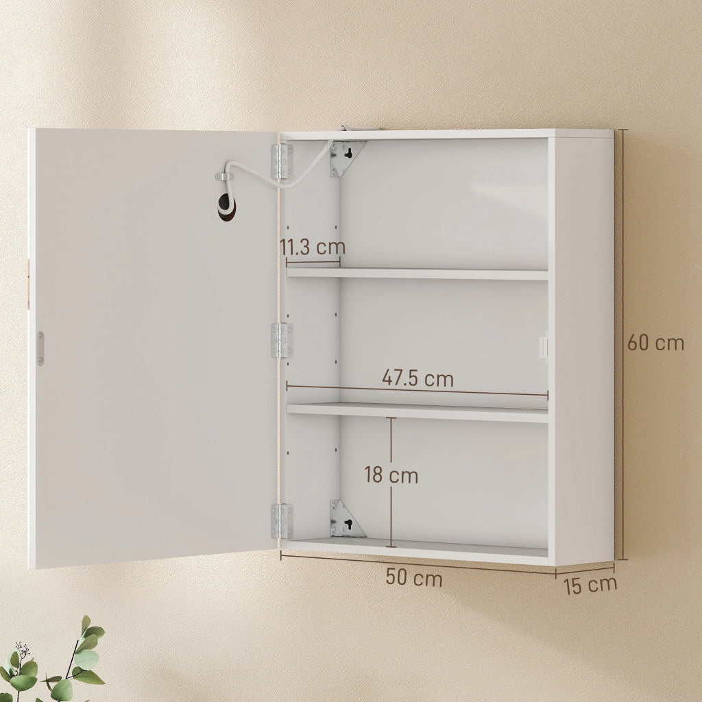 Armadietto Bagno con Specchio 50x15x60 cm Luce LED Regolabile e Sistema Antiappannamento in MDF Bianco