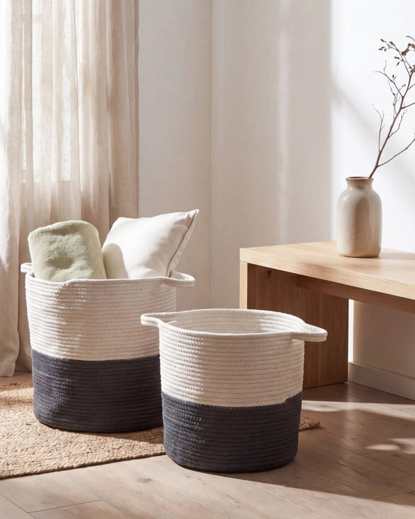 Set di 2 cestini in tessuto cotone bianco nero 35/33 cm per la conservazione ornamento decorazione boho