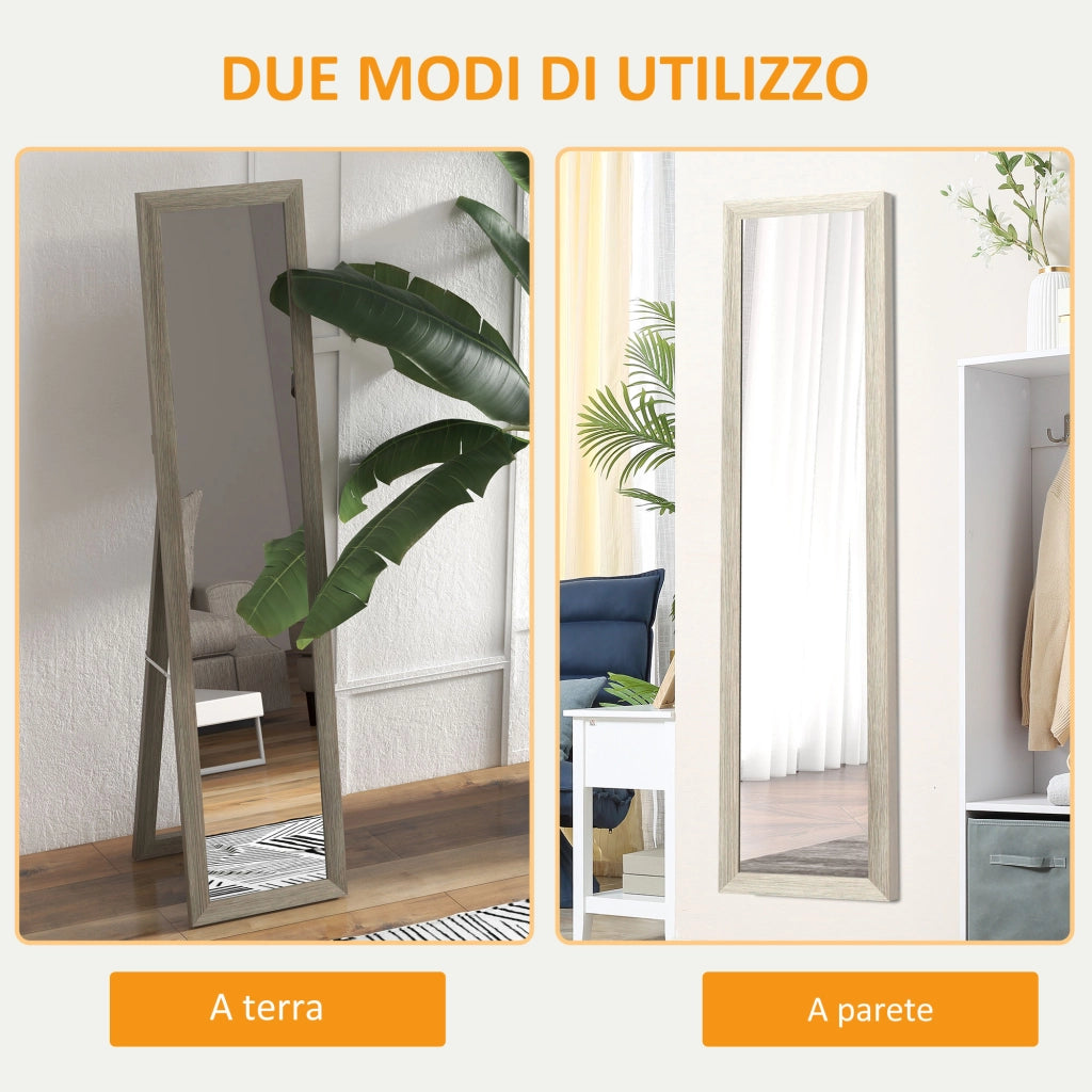 Specchio da Terra a Figura Intera con Cornice e Supporto, in Legno e Vetro, 37x40x155 cm, Grigio