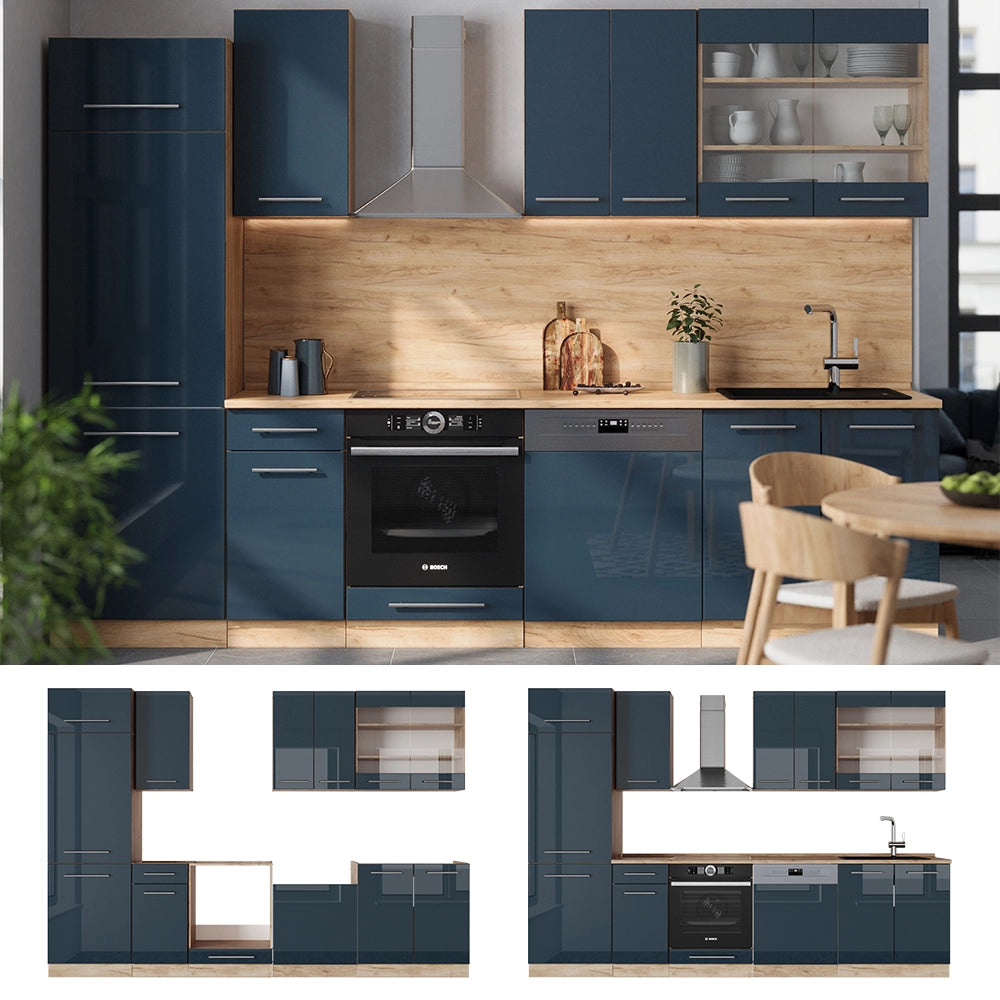 Cucina componibile Fame-Line Blu scuro lucido/Rovere dorato 300 cm, PL Marmo Vicco