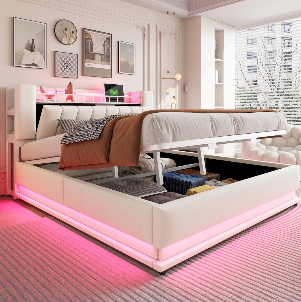 Letto imbottito 180x200 cm con LED; USB e contenitore idraulico in velluto beige