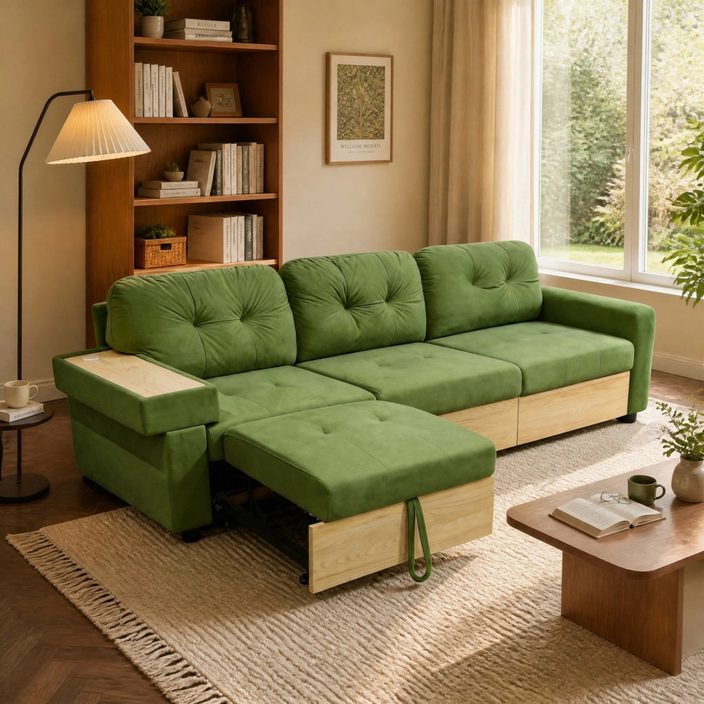 Divano angolare modulare con chaise longue estraibile, USB e spazio contenitore in velluto verde per soggiorno