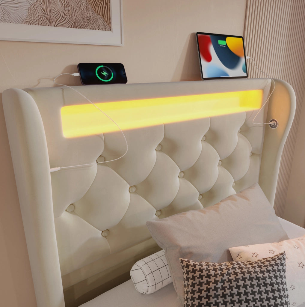 Letto imbottito 90x200 cm con LED; contenitore idraulico; USB e Type-C; beige in velluto
