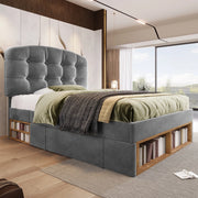 Letto singolo 90x200 cm con cassetti e vano contenitore; velluto grigio