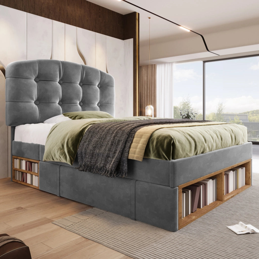 Letto singolo 90x200 cm con cassetti e vano contenitore; velluto grigio