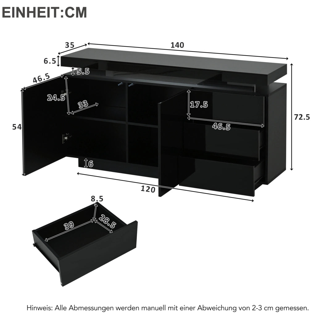 Credenza 140x35x72.5 cm con LED; 2 ante e 3 cassetti; pannello truciolare nero