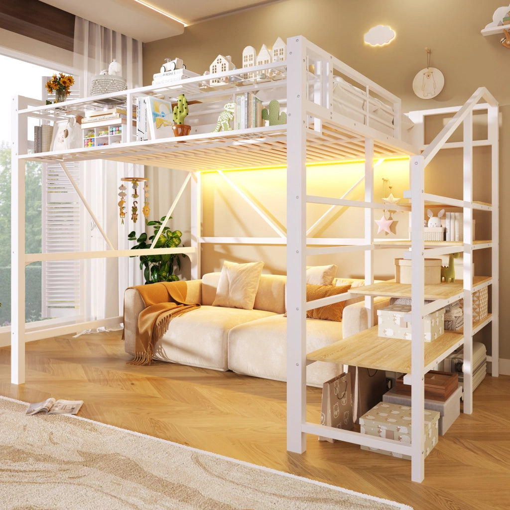 Letto a soppalco 140x200 cm in metallo e MDF con LED, bianco