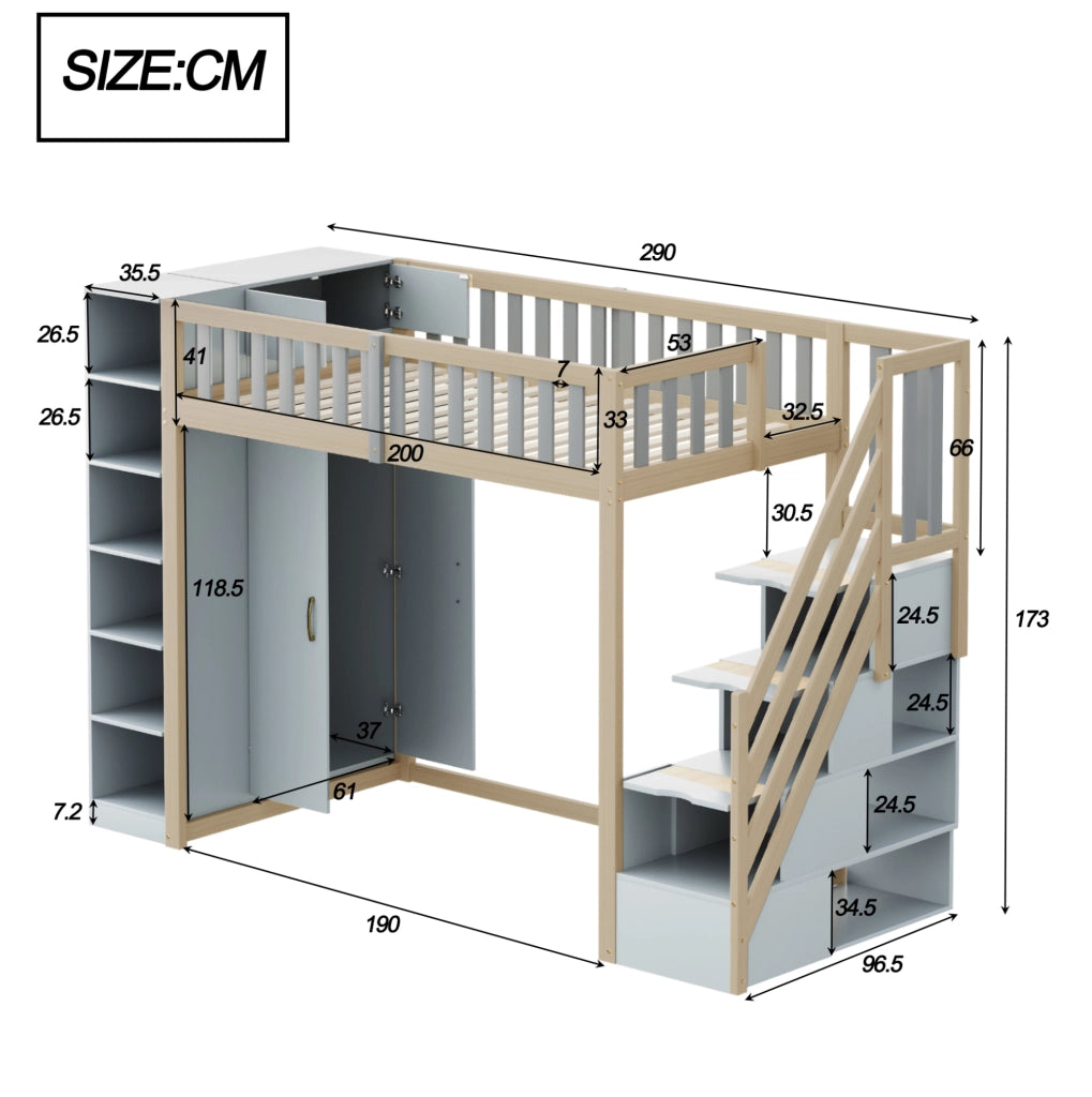 Letto a soppalco 90x200 cm in legno con armadio; scaffali e scala con vani; grigio e legno naturale