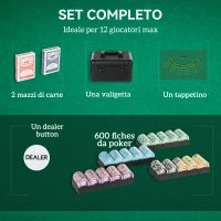 Set Poker con 600 Fiches per 12 Giocatori con Valigetta, 2 Mazzi di Carte e Tappetino, Nero