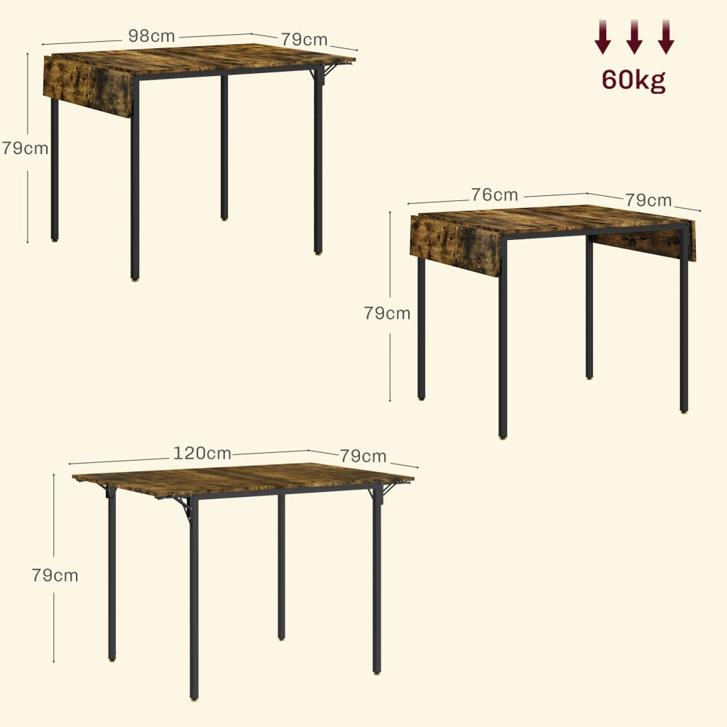 Tavolo da Pranzo a Ribalta stile Industriale per 2-4 Persone in Legno e Metallo. 120x79x79 cm. Marrone Rustico