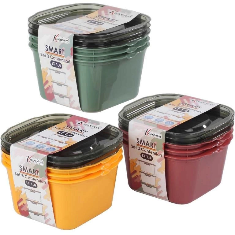 Set 3 Pezzi Frigobox per Alimenti Quadrato Smart Maia 1,4 Litri 3 Colori