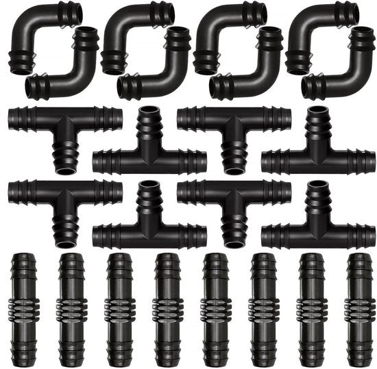 24 pezzi di connettore di irrigazione in plastica per tubi a goccia 16 mm con T di connessione e valvole a Y per irrigazione