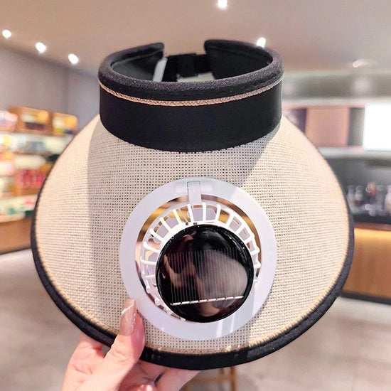 Ventilatore Solare per la Testa - Protezione UV + Ricaricabile via USB - 3 Posizioni - Cappello Respirante per l'Estate - Uomo/Donna - Adattabile alla Misura - Beige