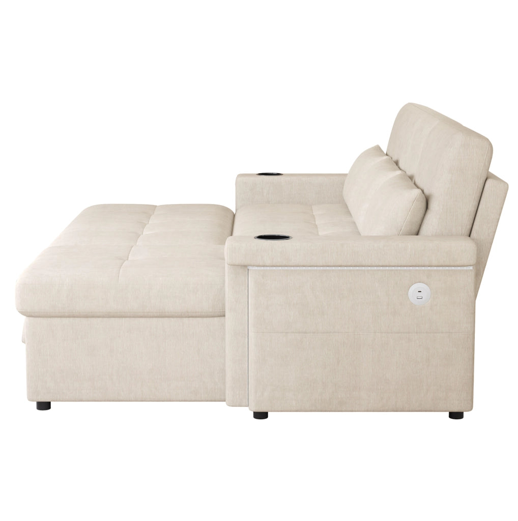 Divano letto angolare 209x141;5x90 cm in ciniglia beige con LED; USB e USB-C