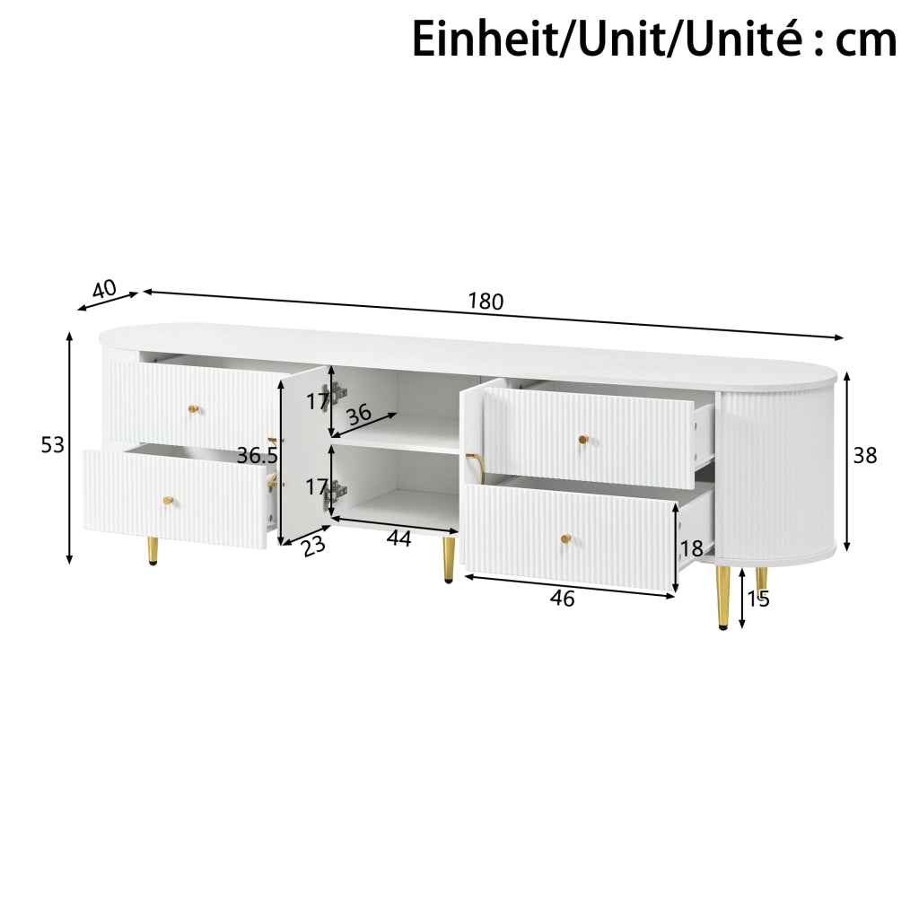 Mobile TV con ante a onde tridimensionali e cassetti; 180x40x38 cm; MDF bianco
