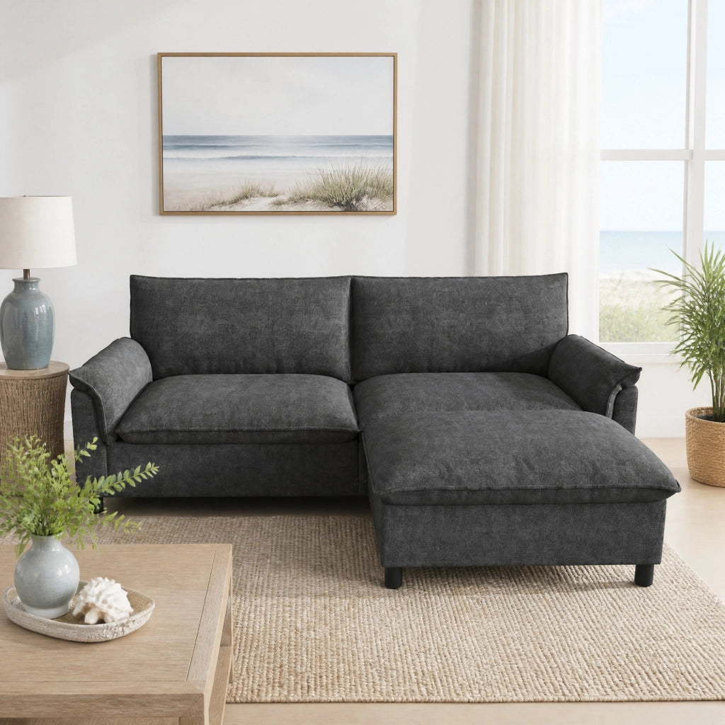 Divano angolare modulare con contenitore e pouf mobile, in Chenille, Grigio 216 × 77 × 82 cm