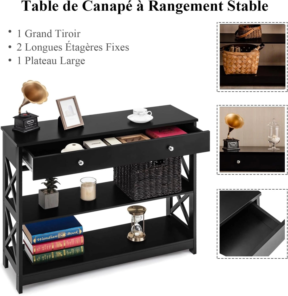 Ingresso per ingresso, console da ingresso stretta a 3 livelli con ampio cassetto per chiavi, orologi e gioielli, mobile ingresso per soggiorno e camera da letto, 100 x 30 x 80 cm (nero)