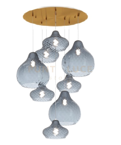SOSP. OTTONE SATINATO 8 LUCI TONDA VETRI (5 X PICCOLO + 3 X GRANDE) TUTTI ZAFFIRO 1191OS-S8 TMIX-ZA