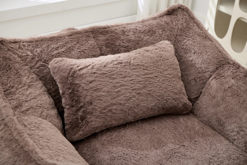 Fauteuil pouf in pelliccia sintetica con schienale ergonomico e imbottitura in schiuma, per salotto e camera da letto, khaki
