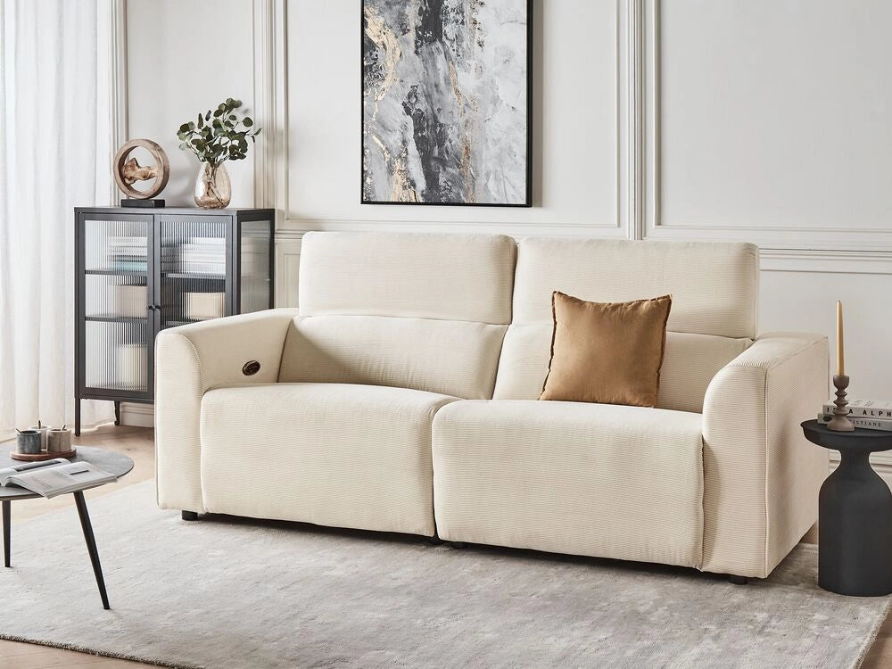 Divano elettrico reclinabile in tessuto beige a 2 posti, poggiapiedi e poggiatesta regolabili con porta USB