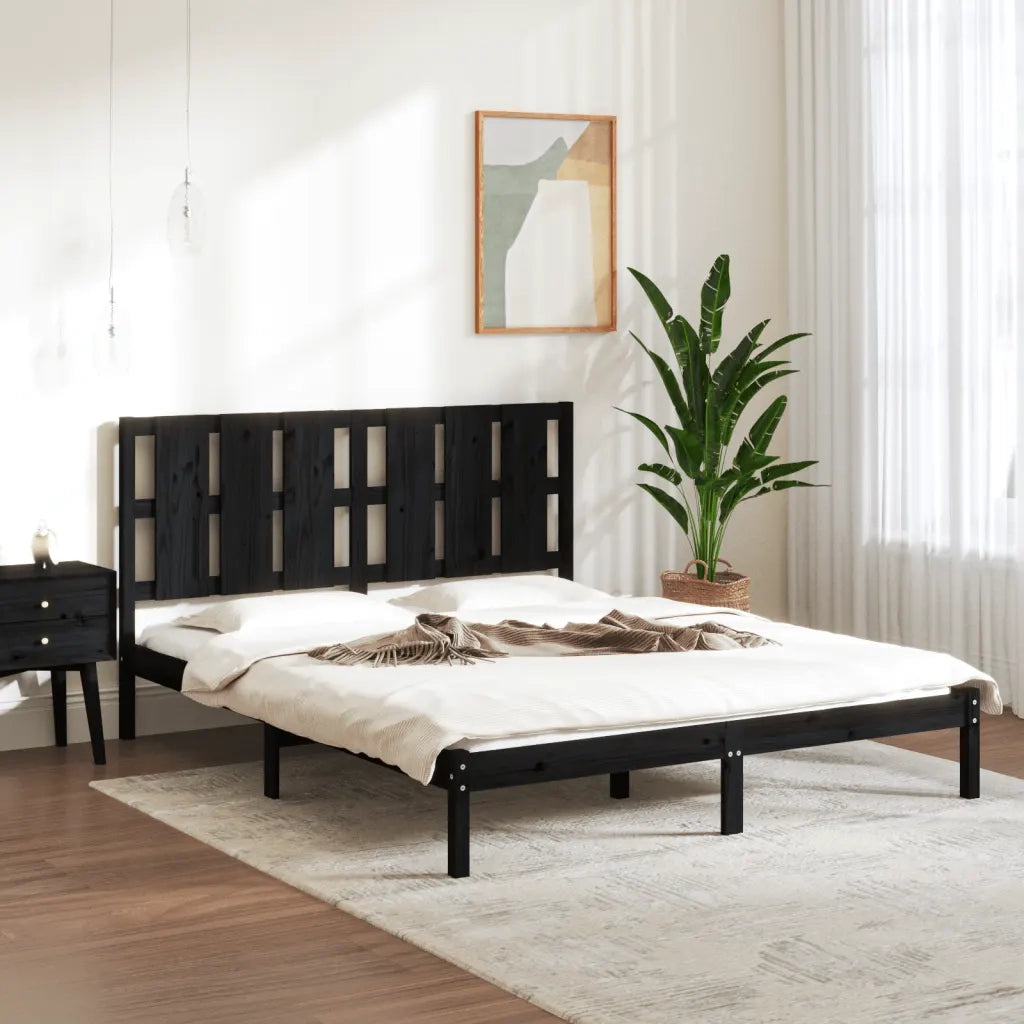 Letto matrimoniale | Letto per adulti | Giroletto Nero in Legno Massello 150x200 cm King Size